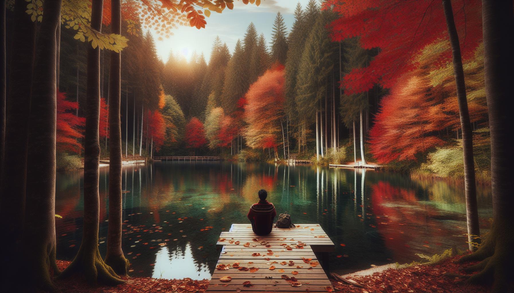 Babská Rada Na Bolest V Krku: Okamžitá Úleva Bez Léků 1 a person sitting peacefully on a wooden dock surrounded by autumn foliage, reflecting in calm water under a serene forest canopy