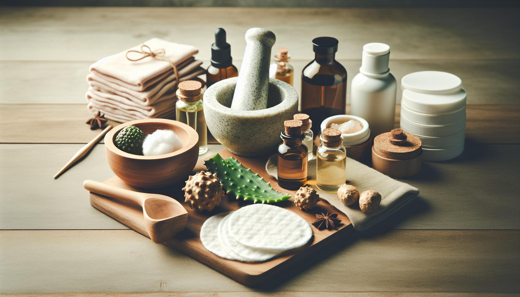 natural ingredients and tools for homemade skincare treatments using herbs, oils, and aloe vera