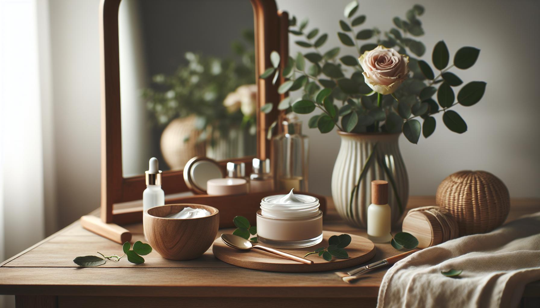 Babské Rady Na Housera: Účinné Triky Pro Čistou Pleť 1 a cozy vanity setup showcasing natural skincare products like a jar of cream, wooden bowl with facial mask, and serene rose greenery for čistá pleť a péče o pleť.