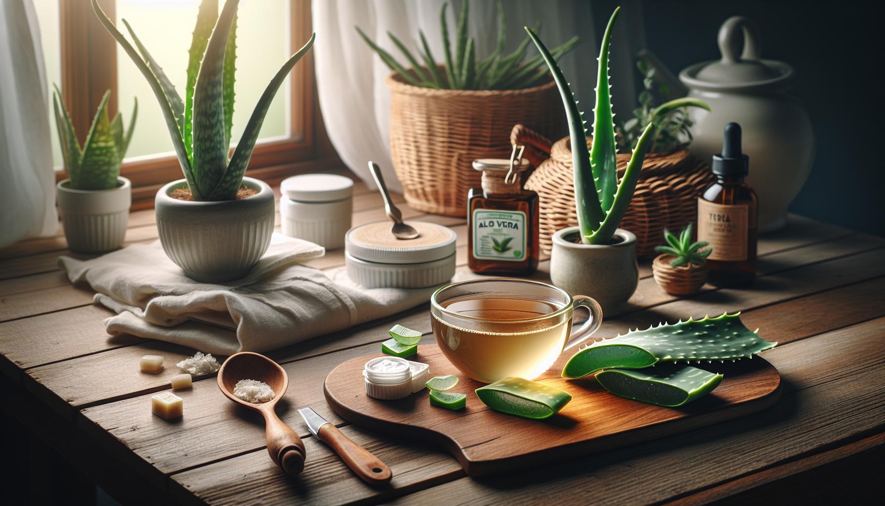 Babské Rady Na Opar: Zmizí Ještě Před Propuknutím 1 a wooden table displaying natural aloe vera plants, gel, and soothing skincare remedies to zmírnit příznaky like irritation or burns, enhancing pohodlí