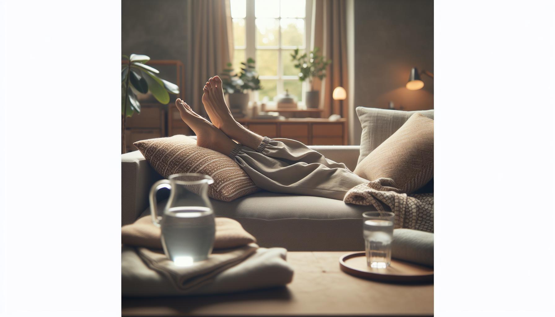 Babské Rady Na Otoky Nohou: Úleva Během Pár Minut 1 a person relaxing with feet elevated on a couch, enjoying a glass of water and cozy setting for úleva pro oteklé nohy