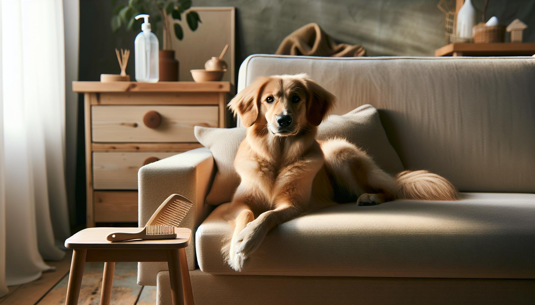 Psí Blechy Babské Rady: Ochraňte Domácnost I Mazlíčka 1 a relaxed golden-brown dog lying on a cozy sofa with natural wooden furniture, suggesting a calm home environment for pet comfort.