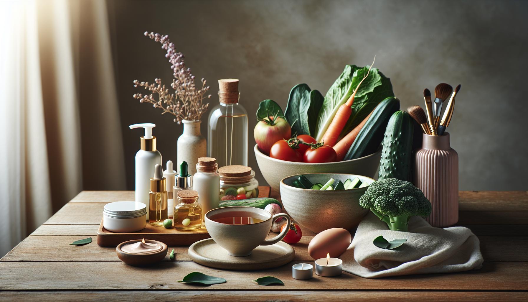 a rustic wooden table displaying natural skincare products, fresh vegetables, herbs, and wellness items like candles and teas for holistic facial and organism care.
