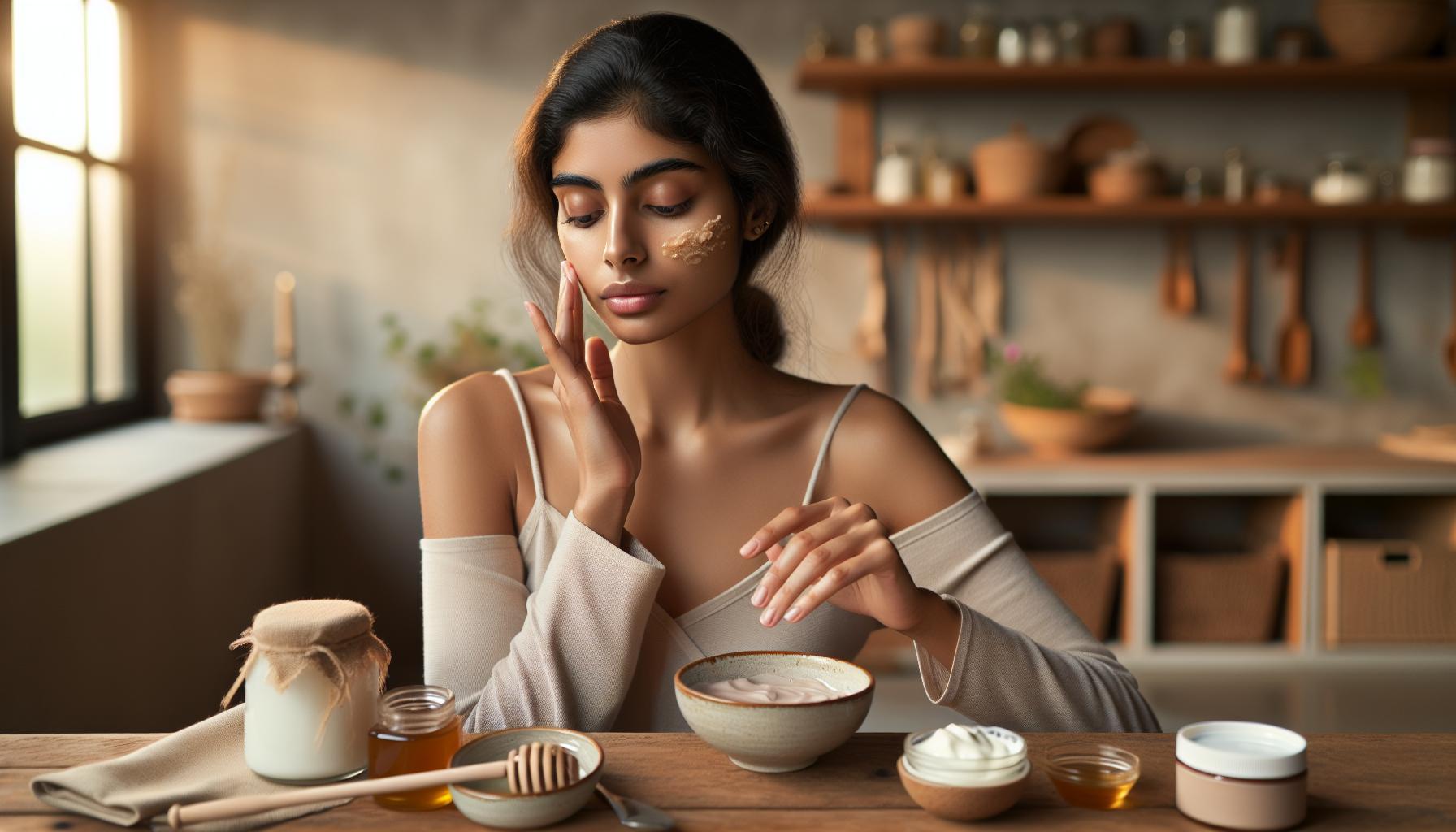 Roupy Babské Rady: Vyléčte Problémovou Pleť Doma 1 a woman applying natural homemade skincare mixture, using yogurt and honey for healthy, glowing skin in a cozy kitchen setting.