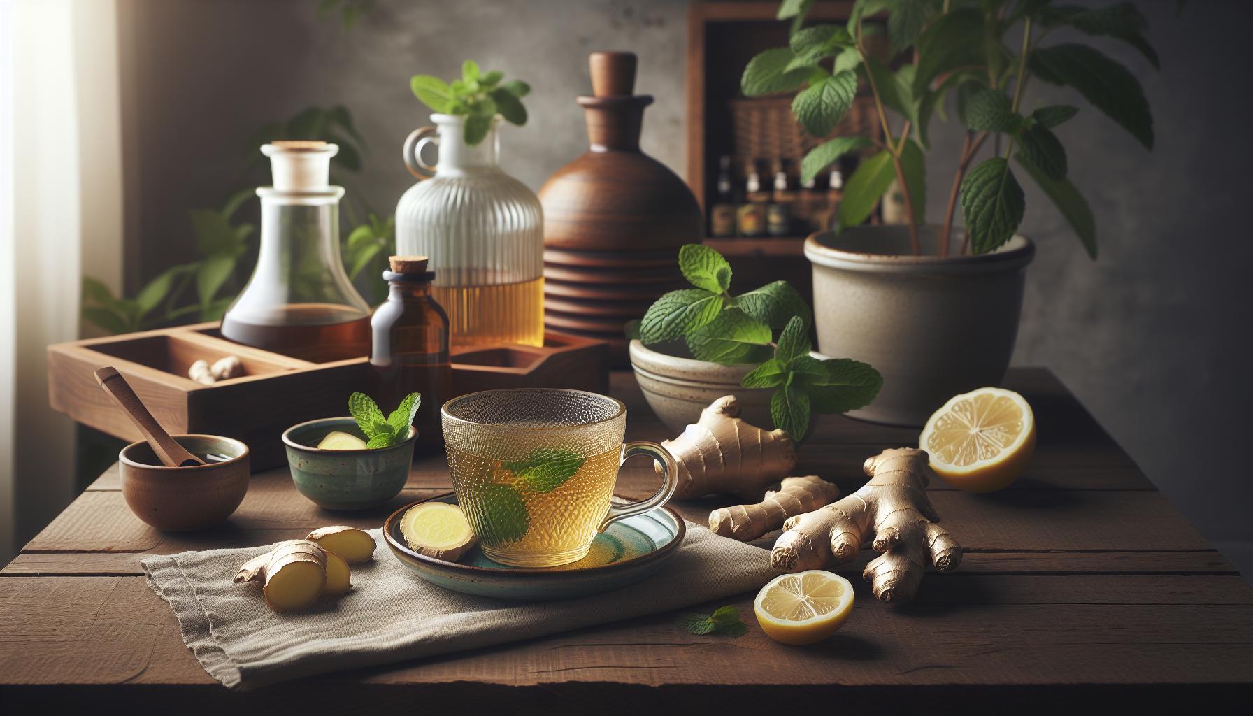 Babské Rady Na Reflux Jícnu: Zastavte Pálení Žáhy Okamžitě 1 a wooden table displaying natural remedies for reflux jícnu, including ginger, lemon slices, mint leaves, herbal tea, and essential oils for úleva od pálení žáhy