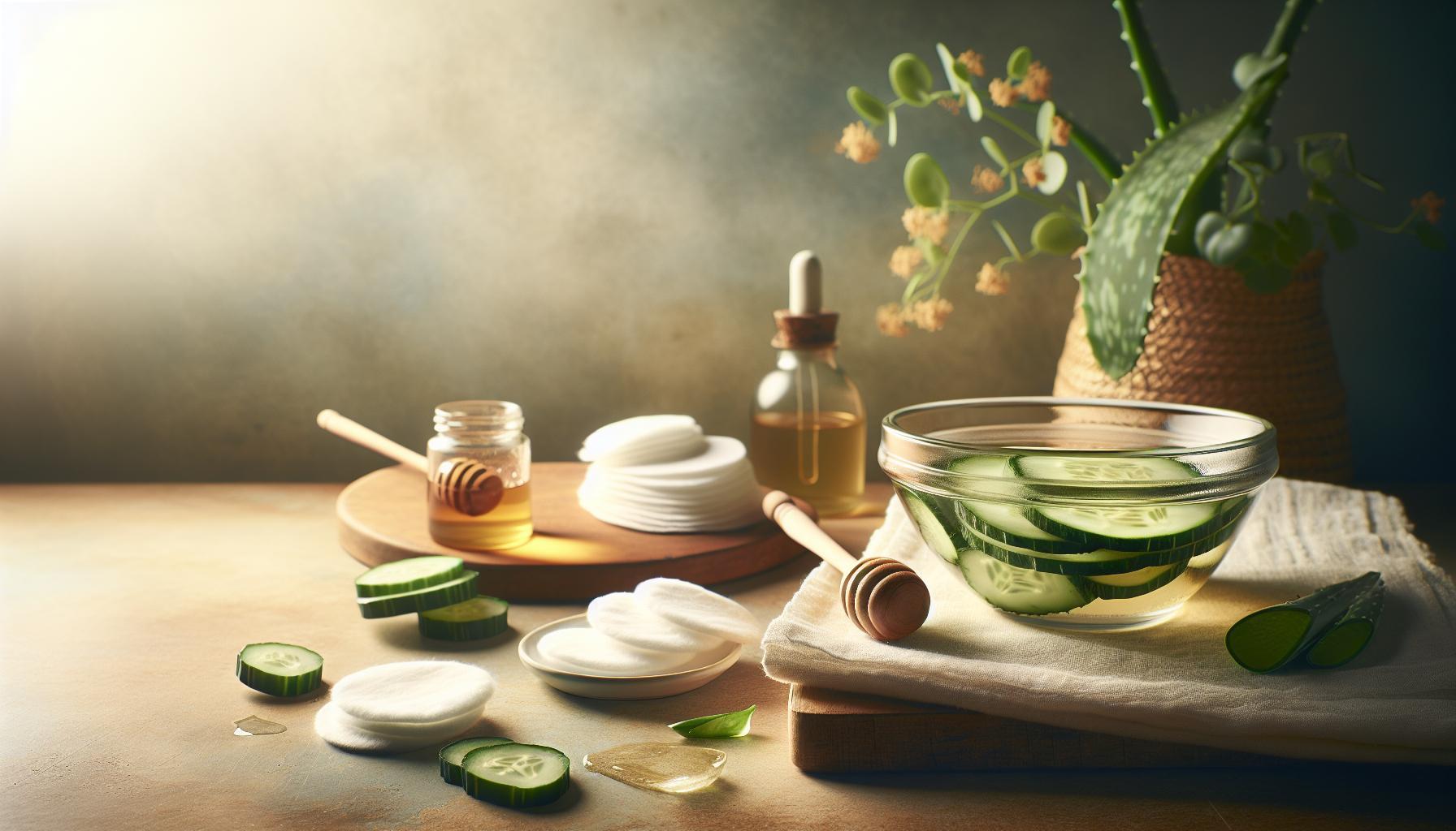 Rozšířené Póry Babské Rady: Zjemněte Pleť Přírodně 1 a wooden table displaying natural skincare ingredients like cucumber slices in water, honey, aloe vera, essential oils, and cotton pads for healthy, glowing skin and zjemnění (soothing) pores.