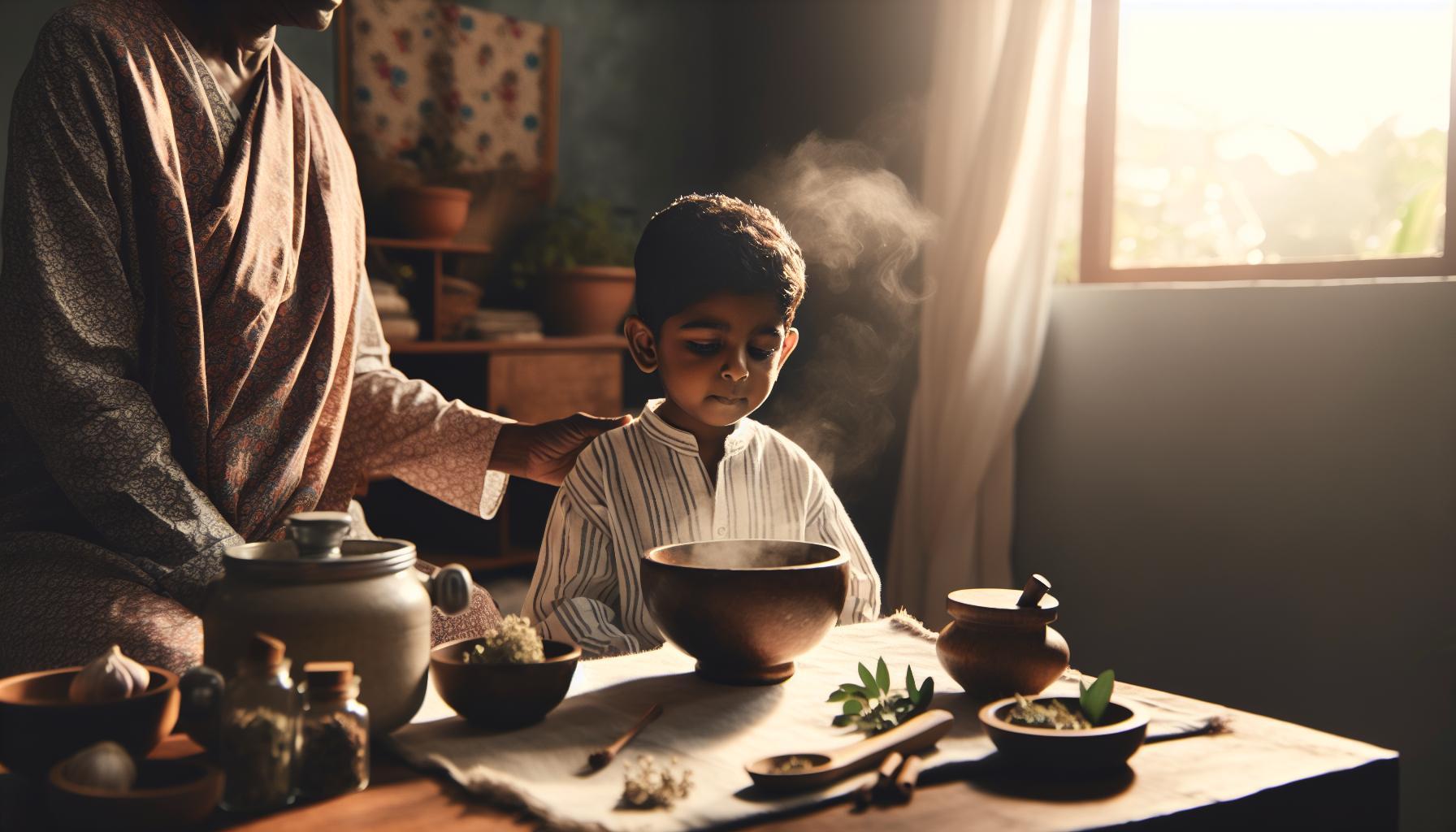 a child receiving traditional steam inhalation therapy for respiratory relief using natural herbs, guided by an adult.