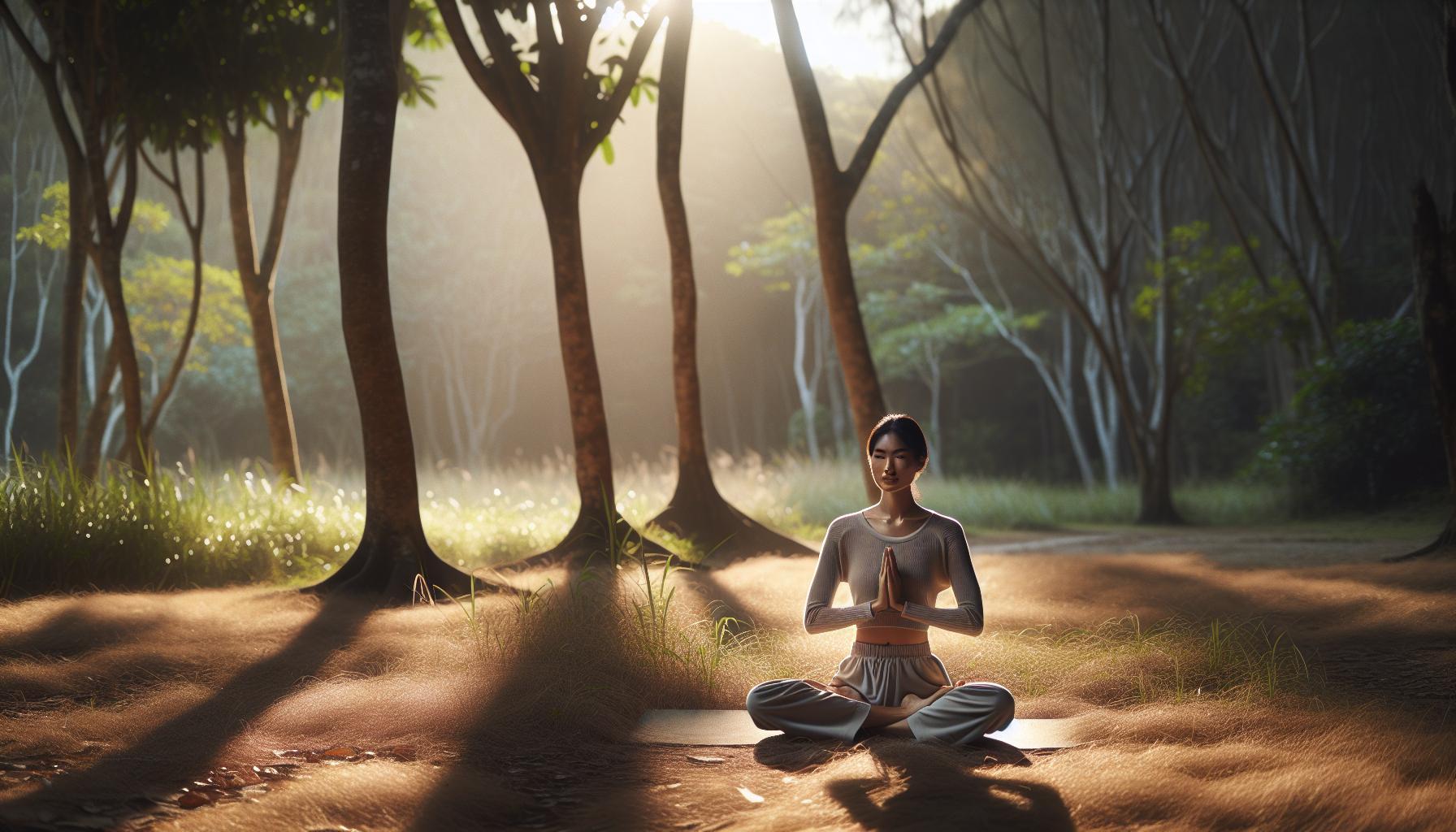 Rýma Babské Rady: Dýchejte Volně Během Hodin 1 a person meditating peacefully in a sunlit forest, sitting cross-legged with hands in prayer position, promoting calm breathing.