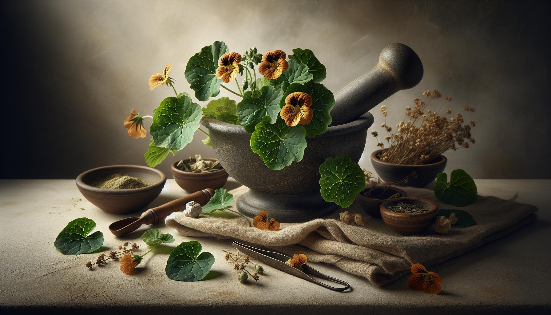 a vintage mortar and pestle with lichořeřišnice větší plant, surrounded by herbs, dried botanicals, and traditional remedies for natural health treatments.