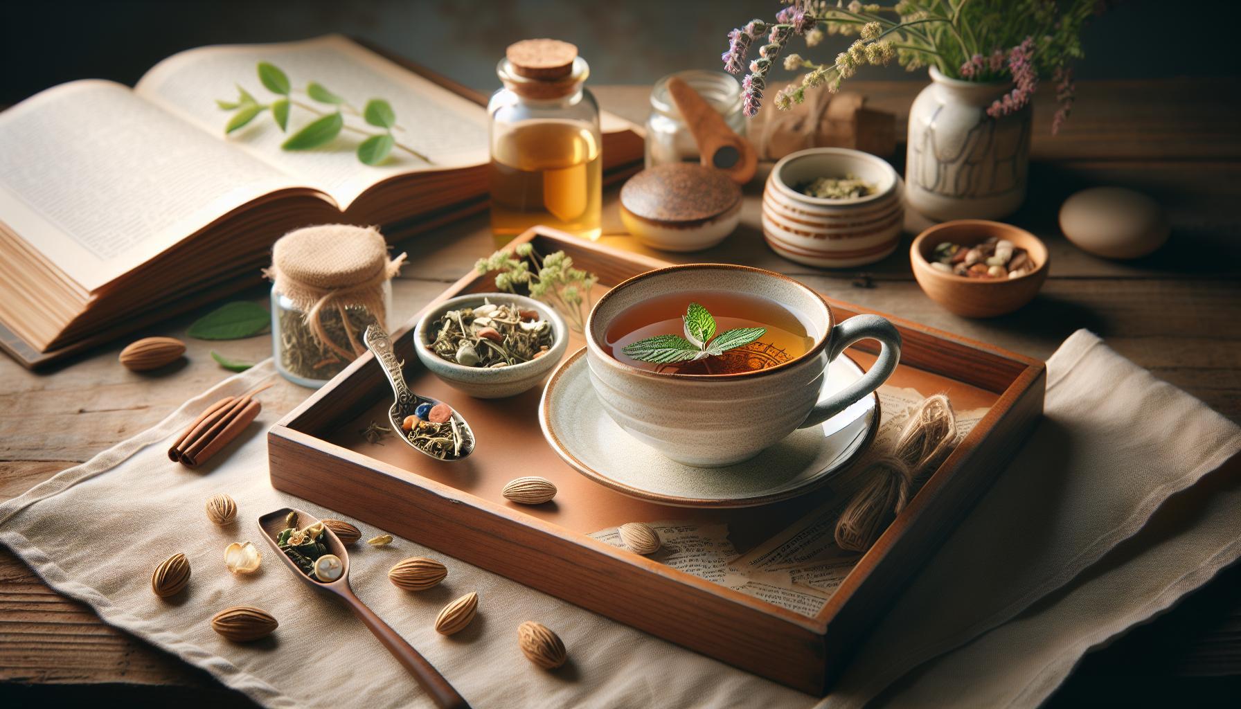 a wooden tray with herbal tea featuring mint leaf, surrounded by natural ingredients like almonds, cinnamon sticks, dried herbs, and jars of oils, evoking traditional home remedies for joint relief