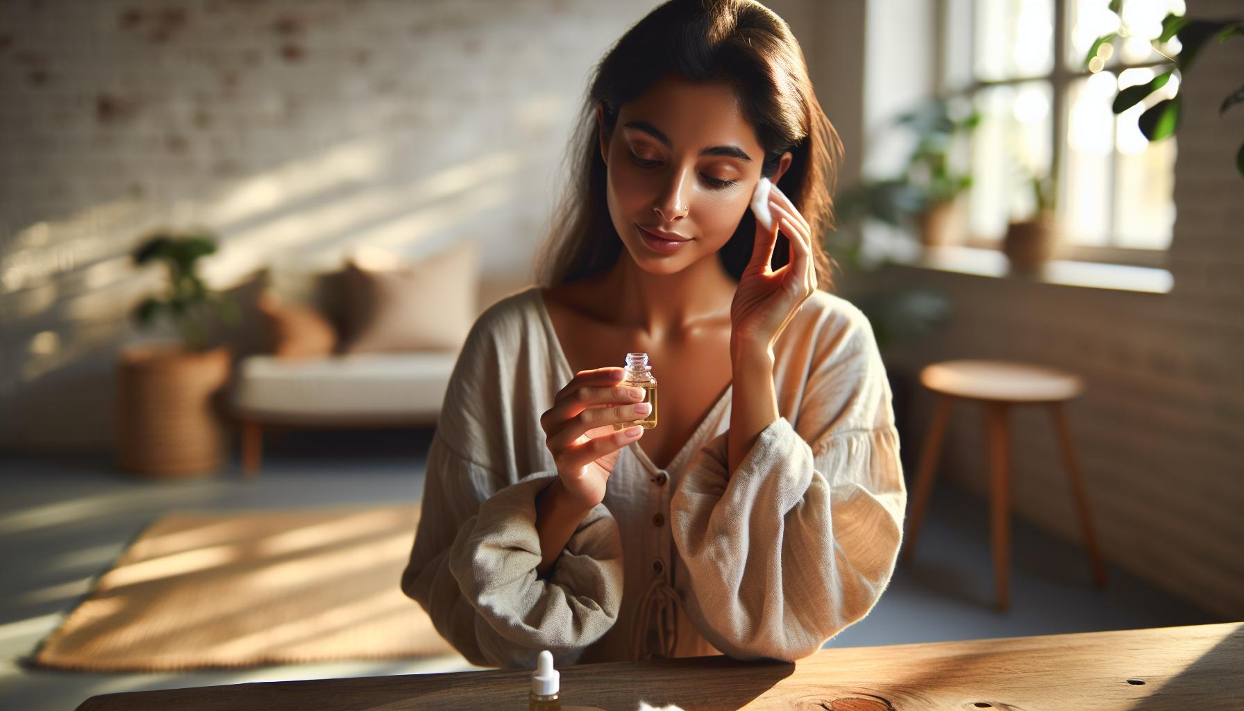 a woman holding a small bottle of essential oil, applying natural remedy drops near her ear for úleva od bolesti or přírodní léčba