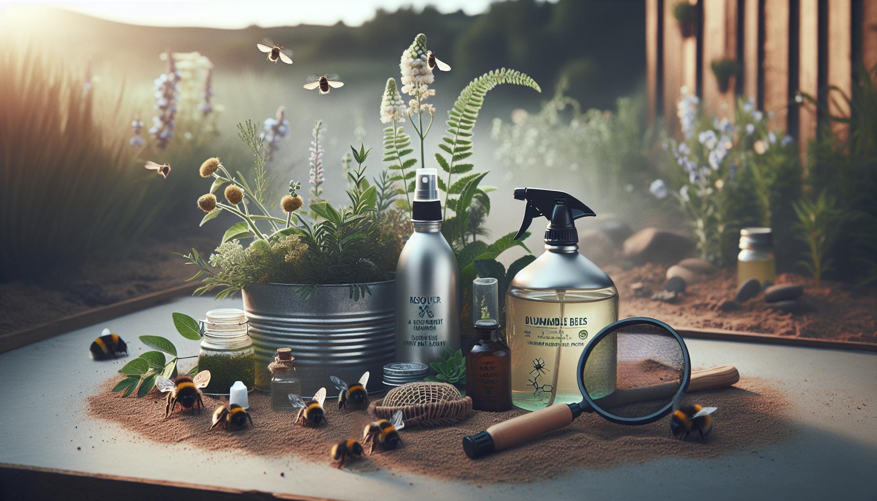 a rustic tabletop display of natural bee repellent tools, including spray bottles labeled "Drownable Bees" and "Rescuer," jars with herbs, a bee net, and bee figures near flowering plants, illustrating babské rady for přírodní metody of vyhánění čmelíků.