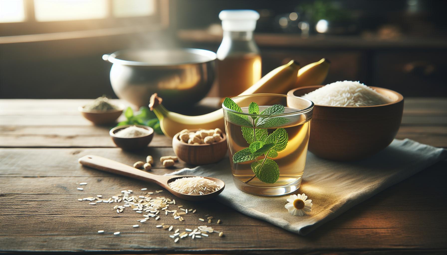 a glass of steaming zázvorový čaj with fresh mint leaves, surrounded by natural ingredients like rice, seeds, and spices for přírodní pomoc při průjemu