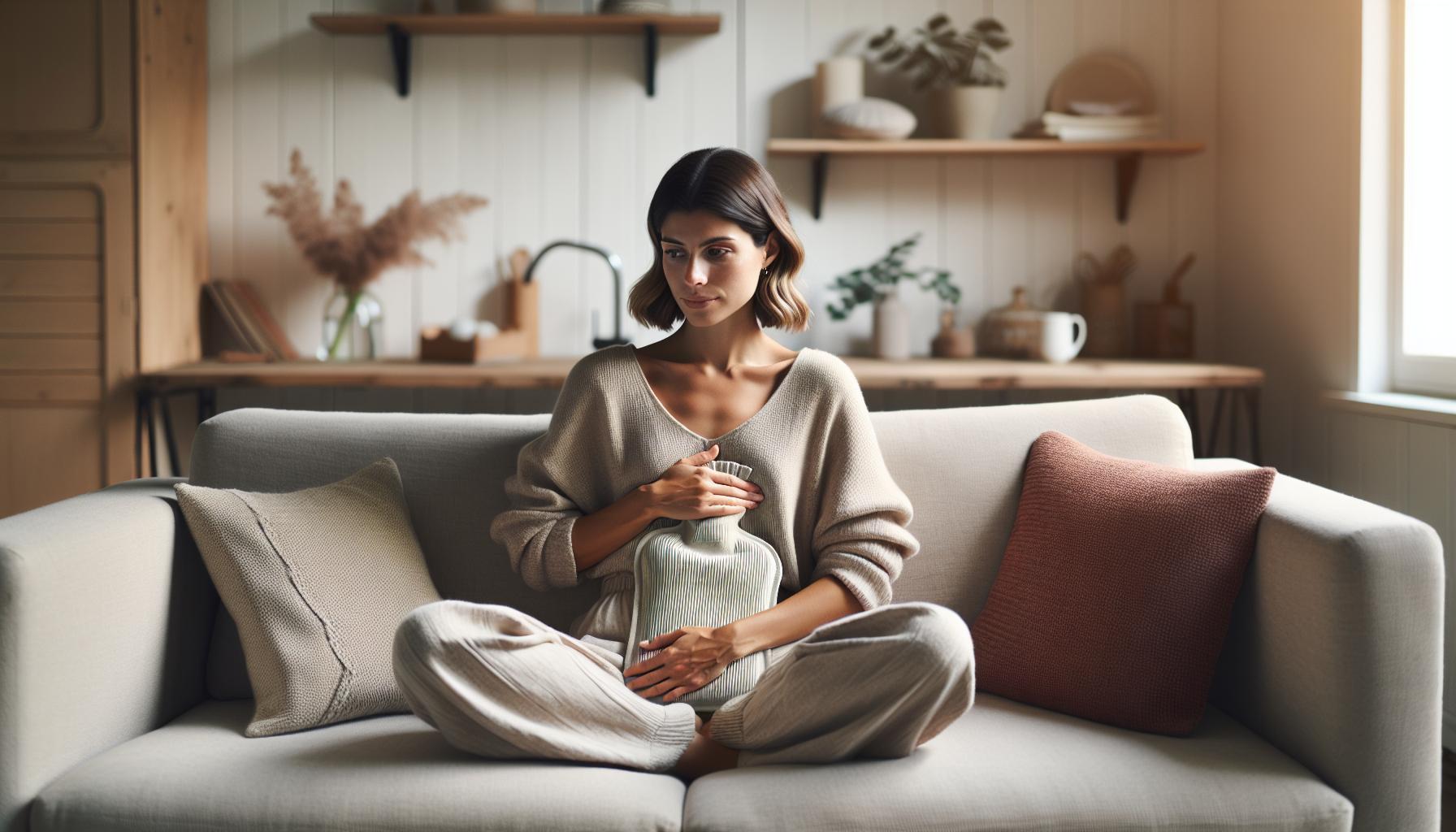 a woman sitting comfortably on a couch holding a warm drink, possibly relaxing during menstrual cramps with a cozy indoor setting.