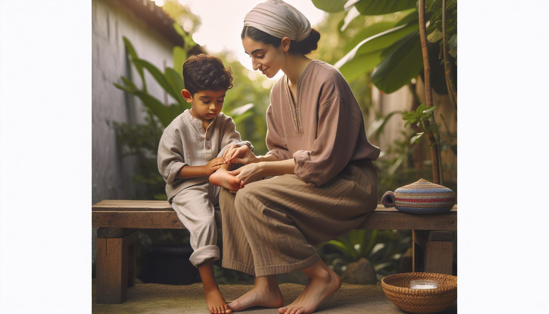a mother gently caring for a child’s foot, possibly demonstrating traditional soothing techniques for minor irritations or healing processes